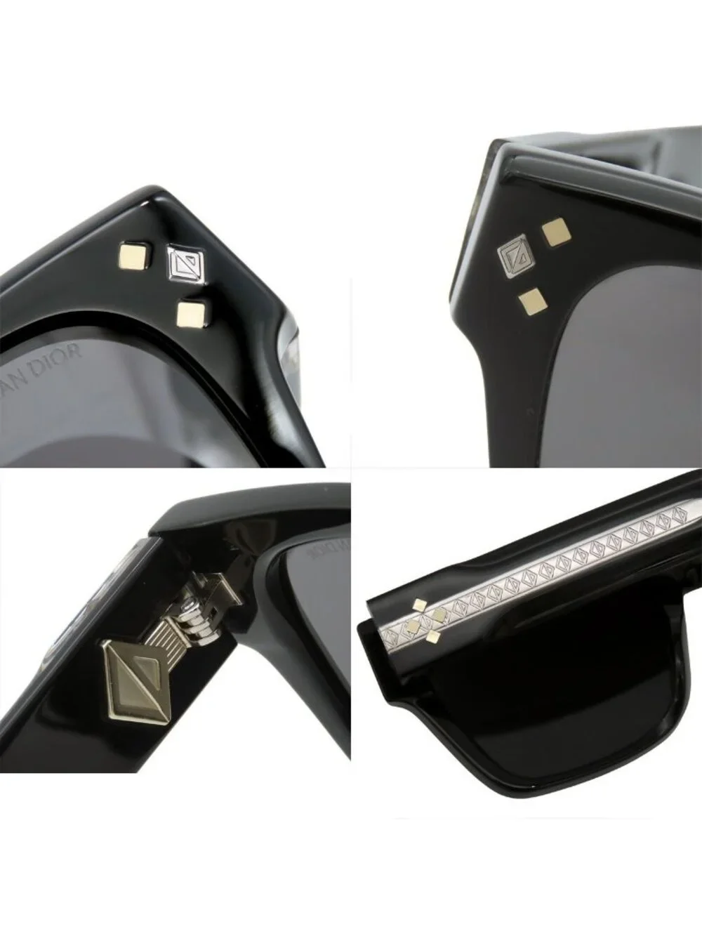 Dior Diamond Sunglasses Black Silver Acetate Metal Rectangular Eyewear